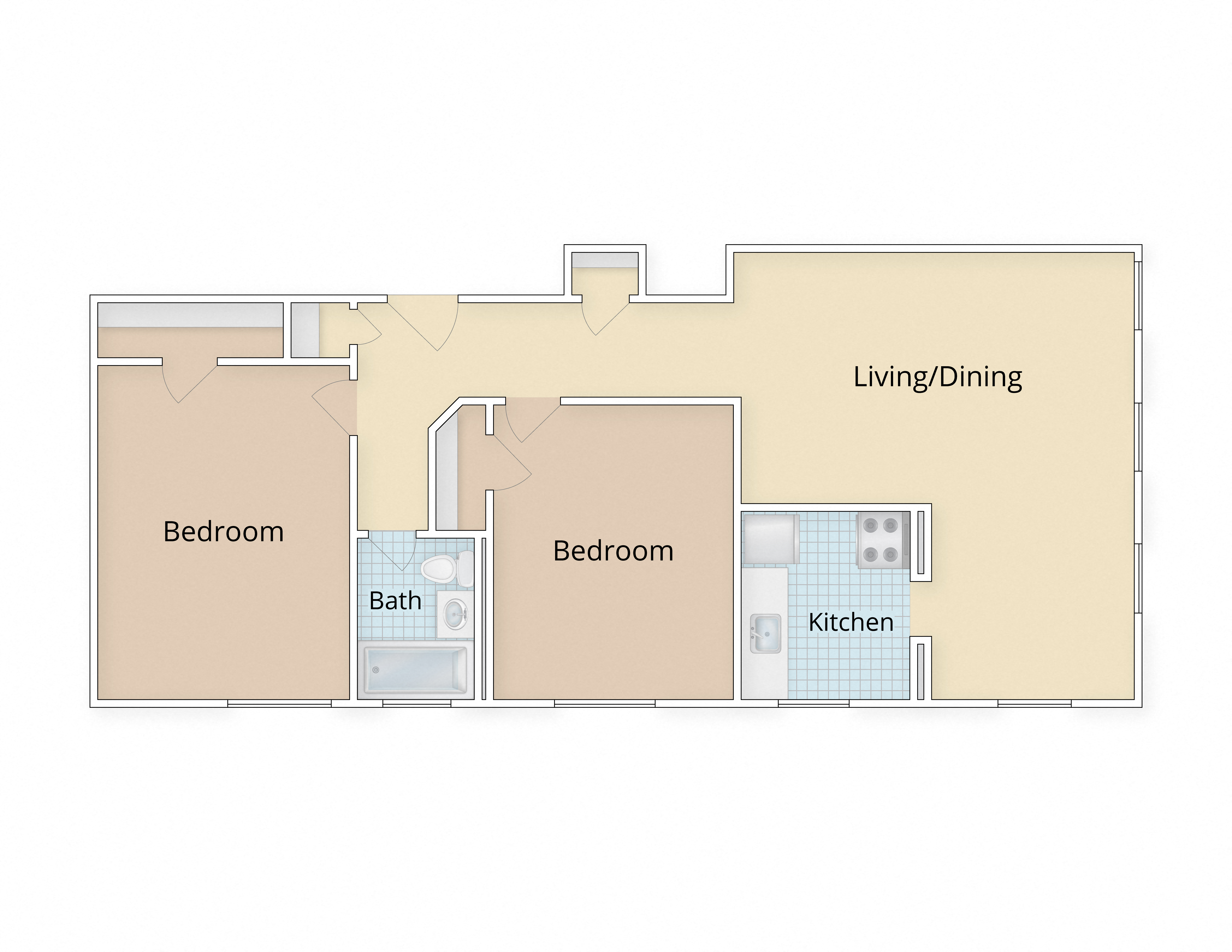 Floor plan for 2 beds, 1 bath, 1000 sqft